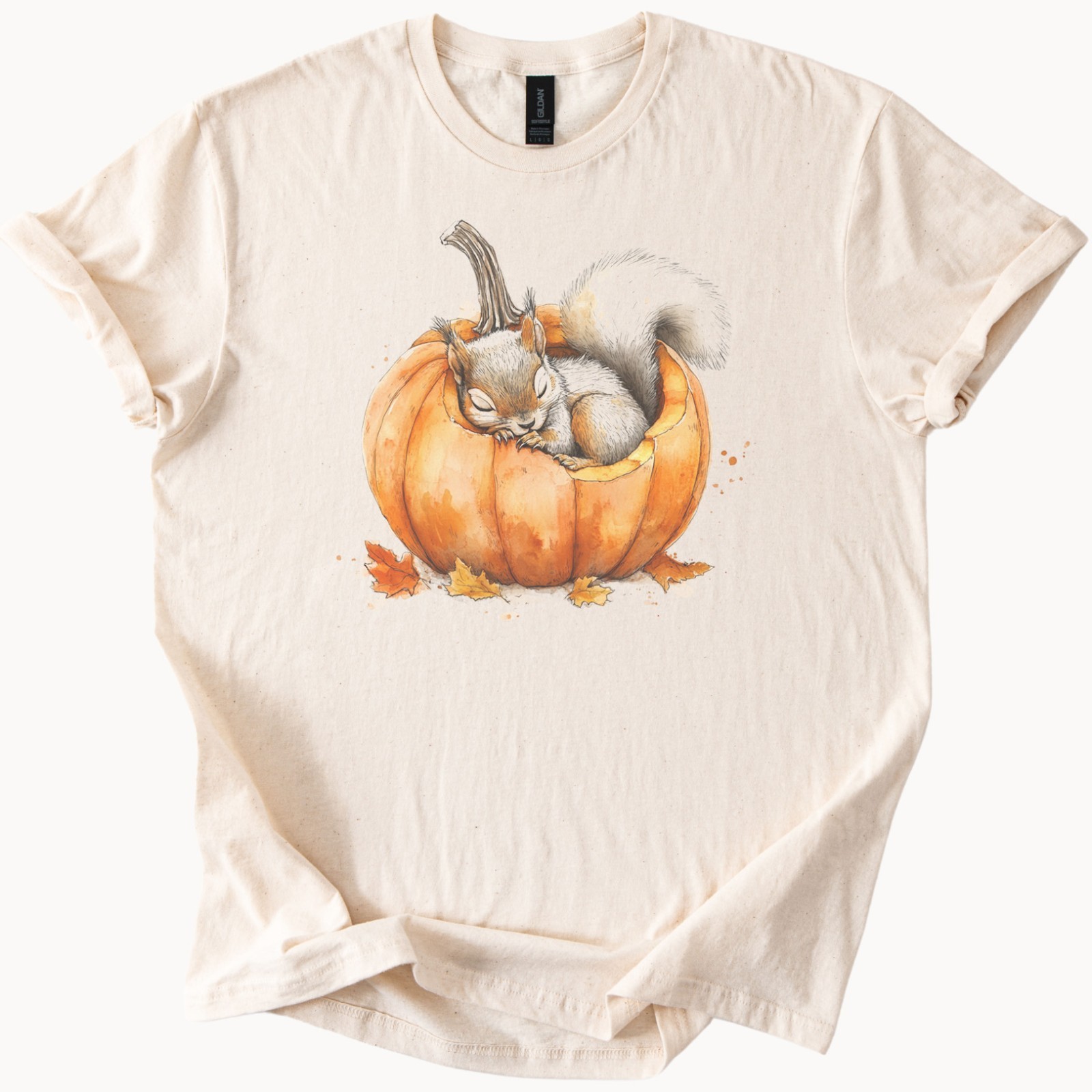 Sleeping Squirrel Pumpkin Shirt Fall Animal Graphic Tee Autumn Leaves Shirt