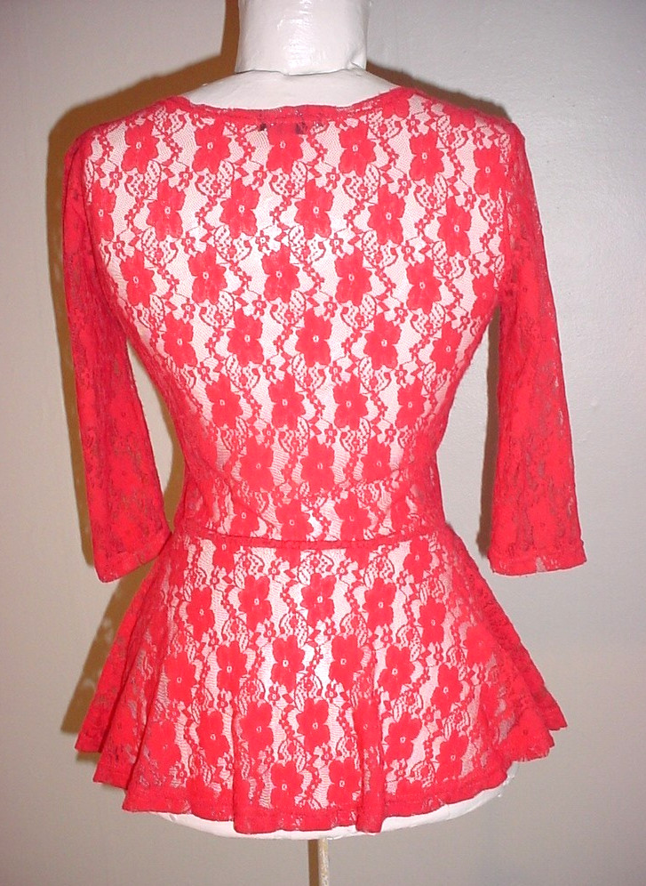Seduction Sheer Lace Top Size Small Peplum Skirt Stretch Melon Pink 3/4 Sleeve