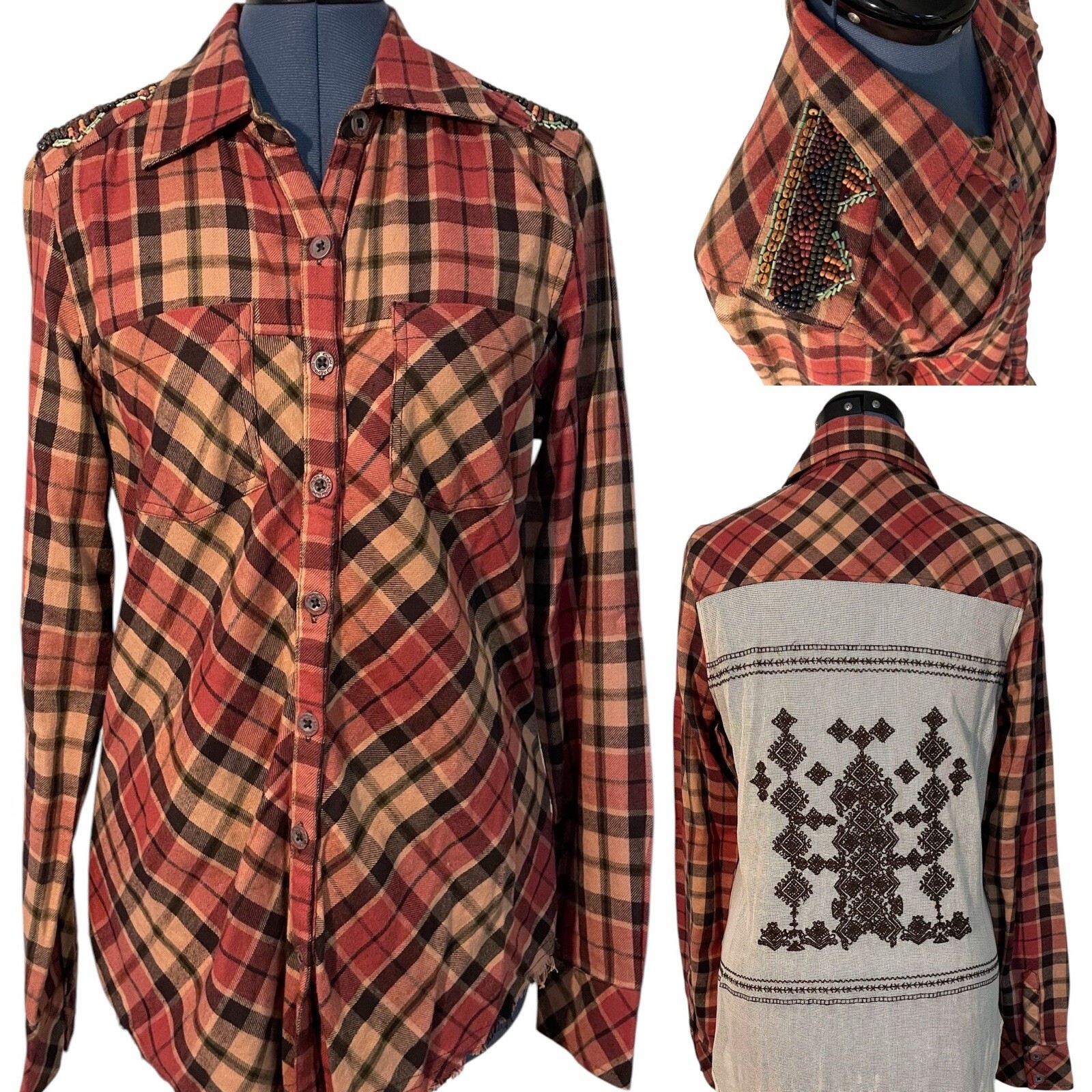 BKE Gimmicks Plaid Flannel Button Up Shirt Beaded Embroidered Western Cowgirl S