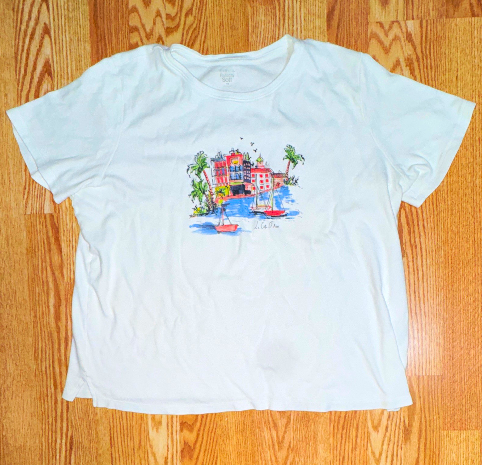 Kim Rogers Perfectly Soft White Beach Graphic Print T-Shirt Plus 1X
