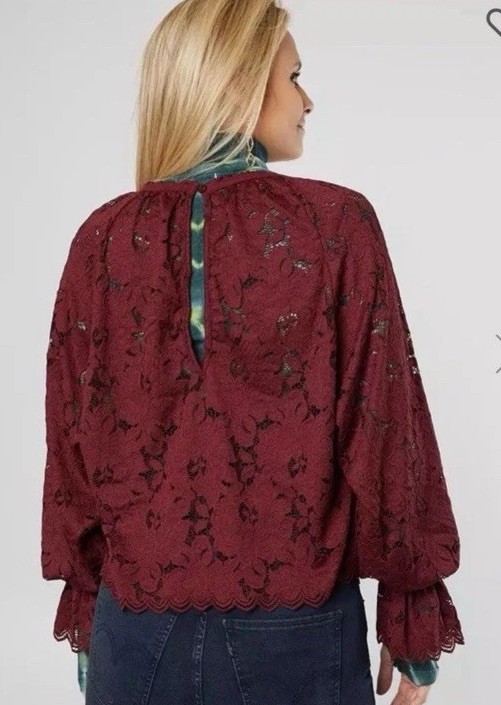 NWOT FREE PEOPLE Olivia Lace Top Sz XL Dolman Balloon Poet Sleeve Burgundy Red