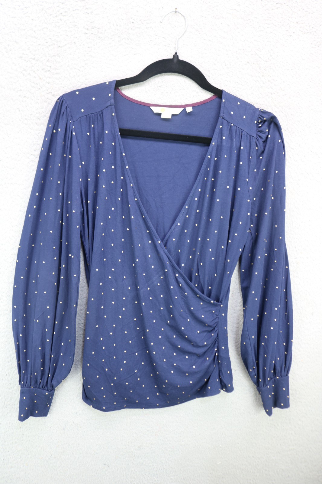 Boden Navy Blouson Sleeve Faux Wrap Top-Sz 12-Gold Polka Dots-Viscose-Whimsigoth
