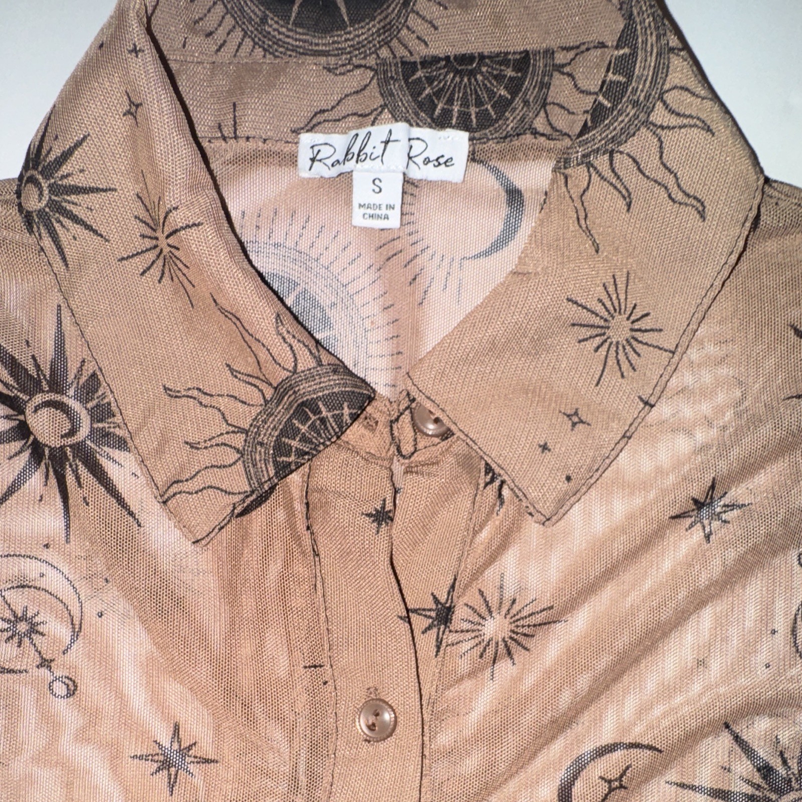 Rabbit Rose Beige Celestial Graphic Print Sheer Mesh Collared Button-Up Blouse S