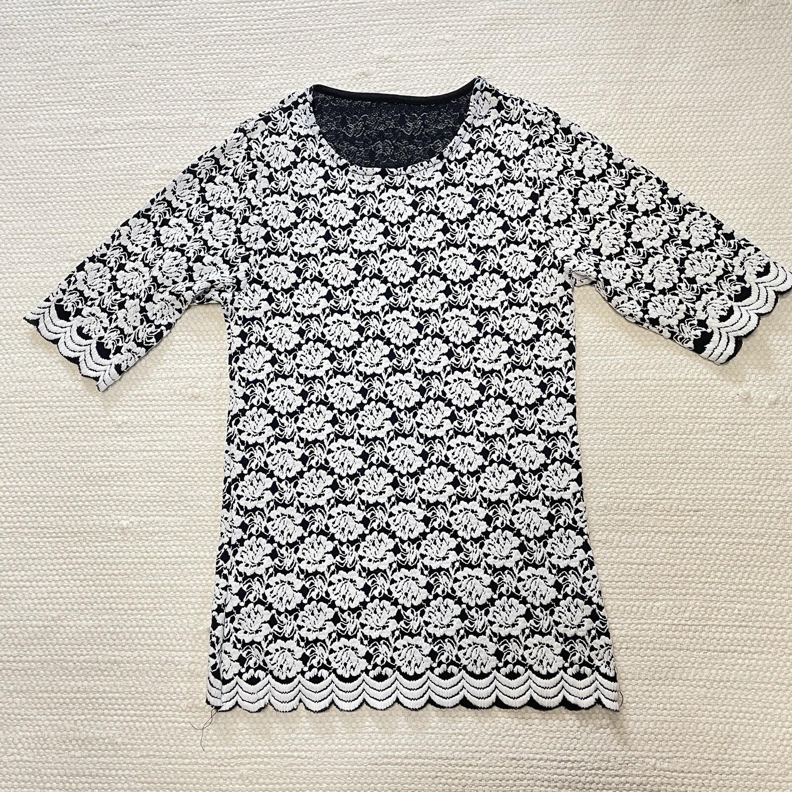Korean Fashion Cotton Stretchy Crew Neck Navy White Floral Short Sleeve Tops