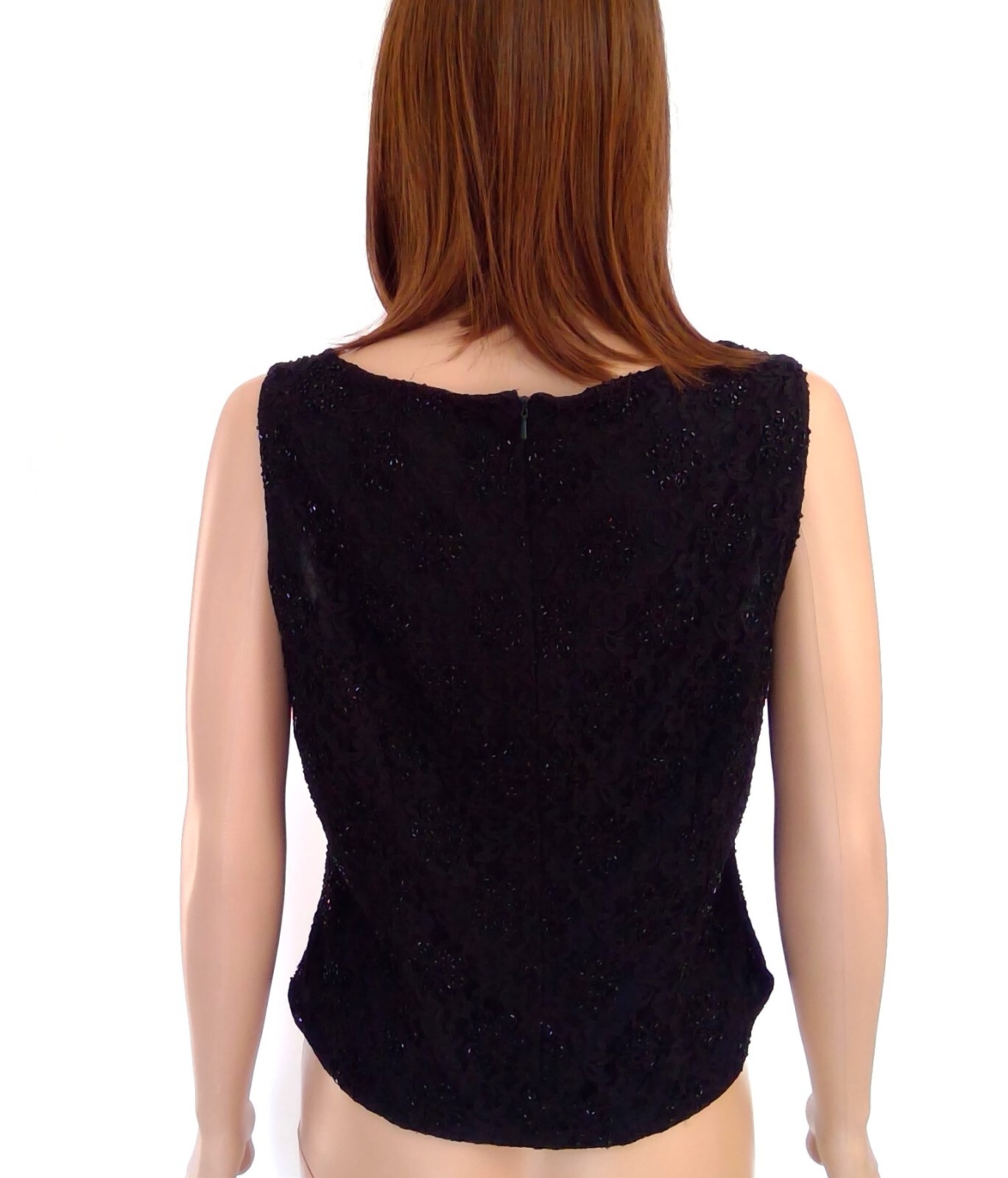 Vintage STENAY L 12 Top Beaded Lace Florals on Black Dressy Shell Sparkle Fairy