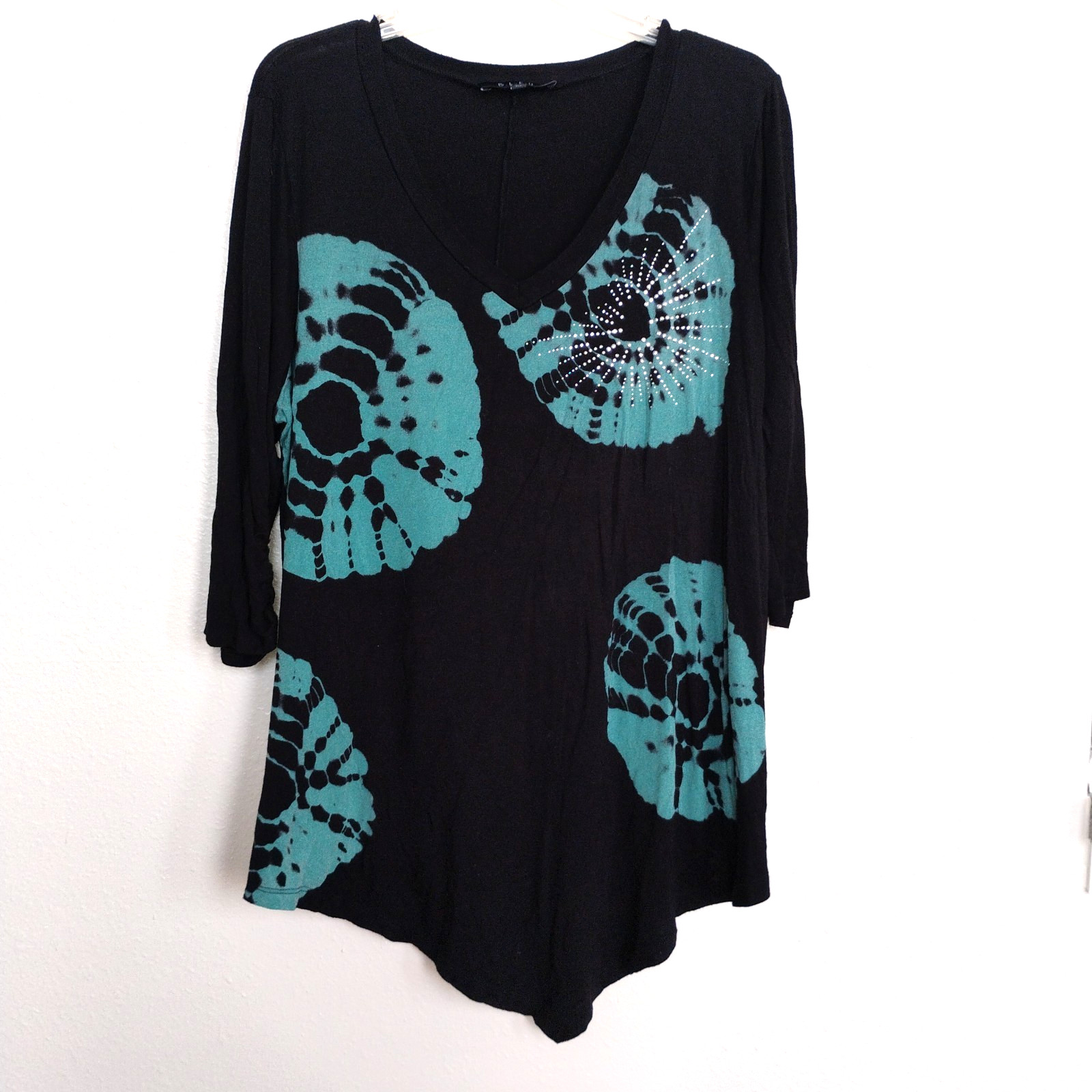 BLEU T-Shirt Black/Teal Green 3/4 Slv V-Neck Studded Rayon Top ~ Plus Size 1X