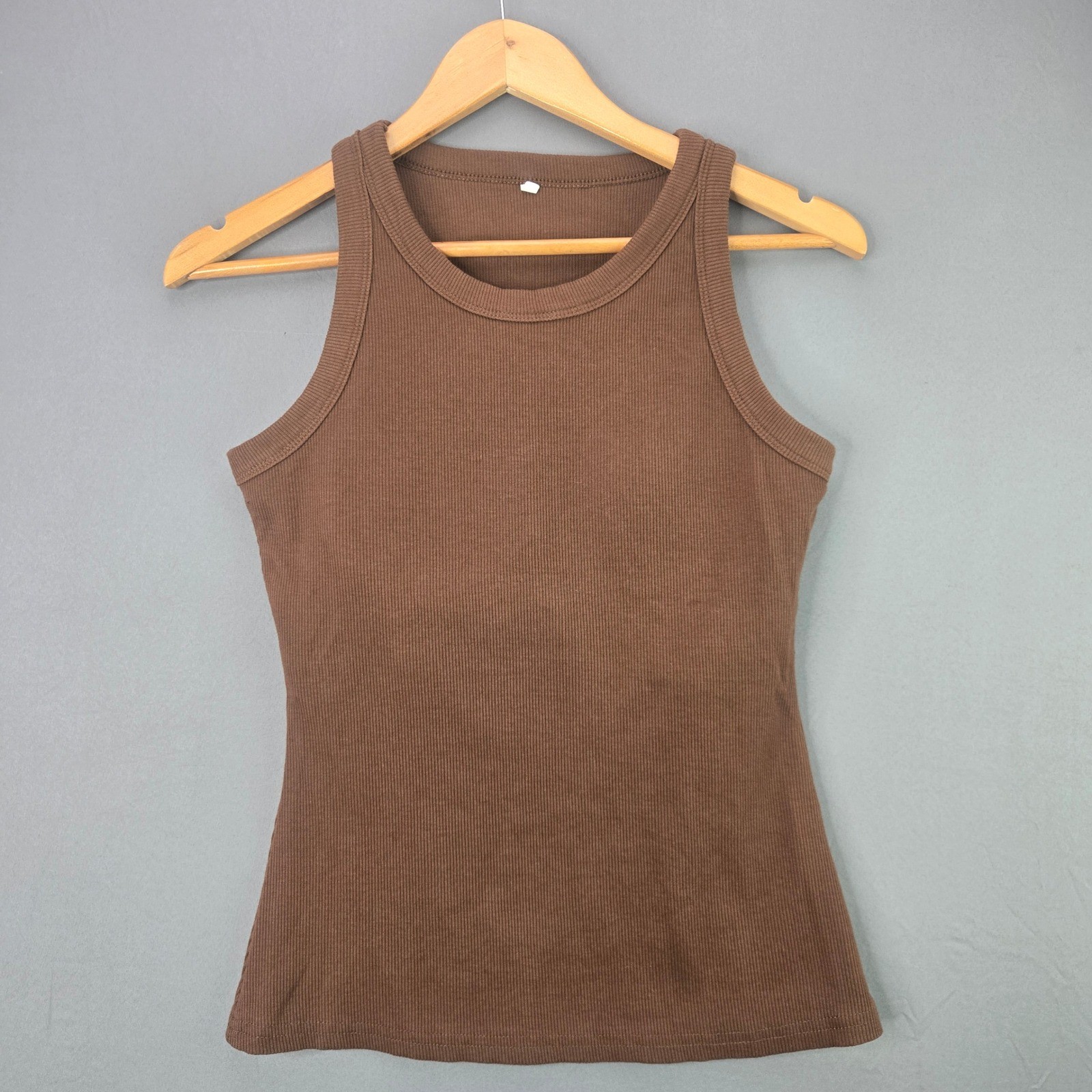 Unbranded Ribbed Tank Top Built-in Bra Size M Brown High Neck Sleeveless Slim