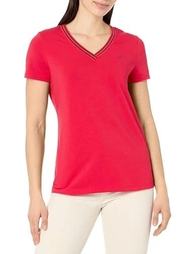 Nautica Jeans Women’s Solid Stripe-Trim V-Neck – Regatta Red-Small