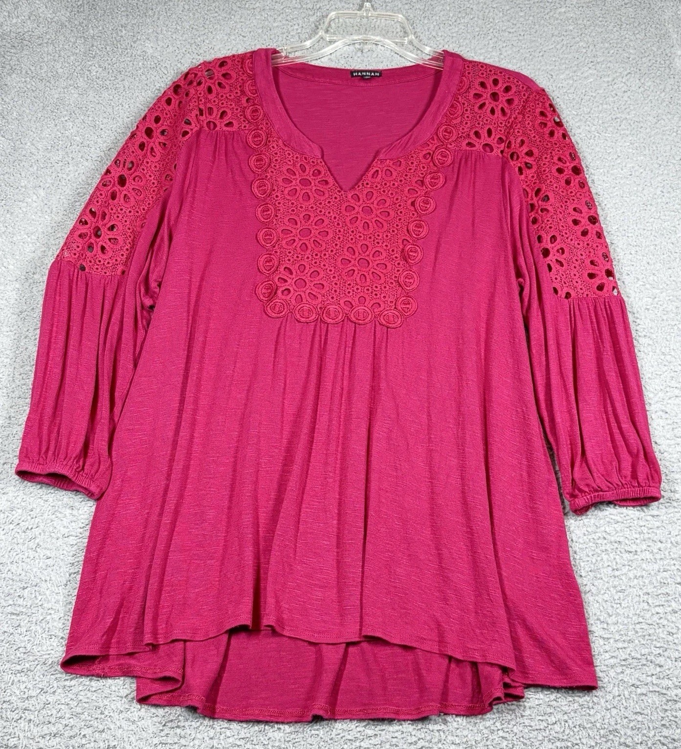 Hannah Cranberry Tunic Womens L Embroidered Lace Flowy Peasant Boho Festival
