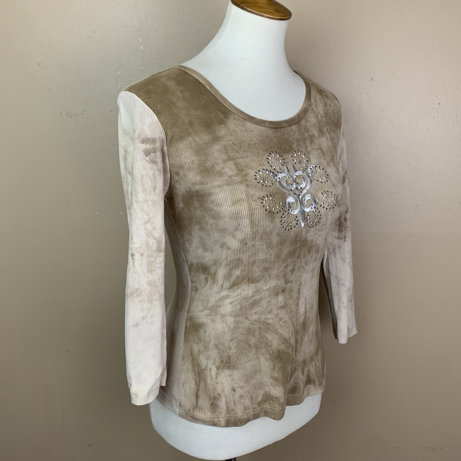 Susan Lawrence Top Womens Small Brown Tie Dye Embellished 3/4 Sleeve Vintage Y2K