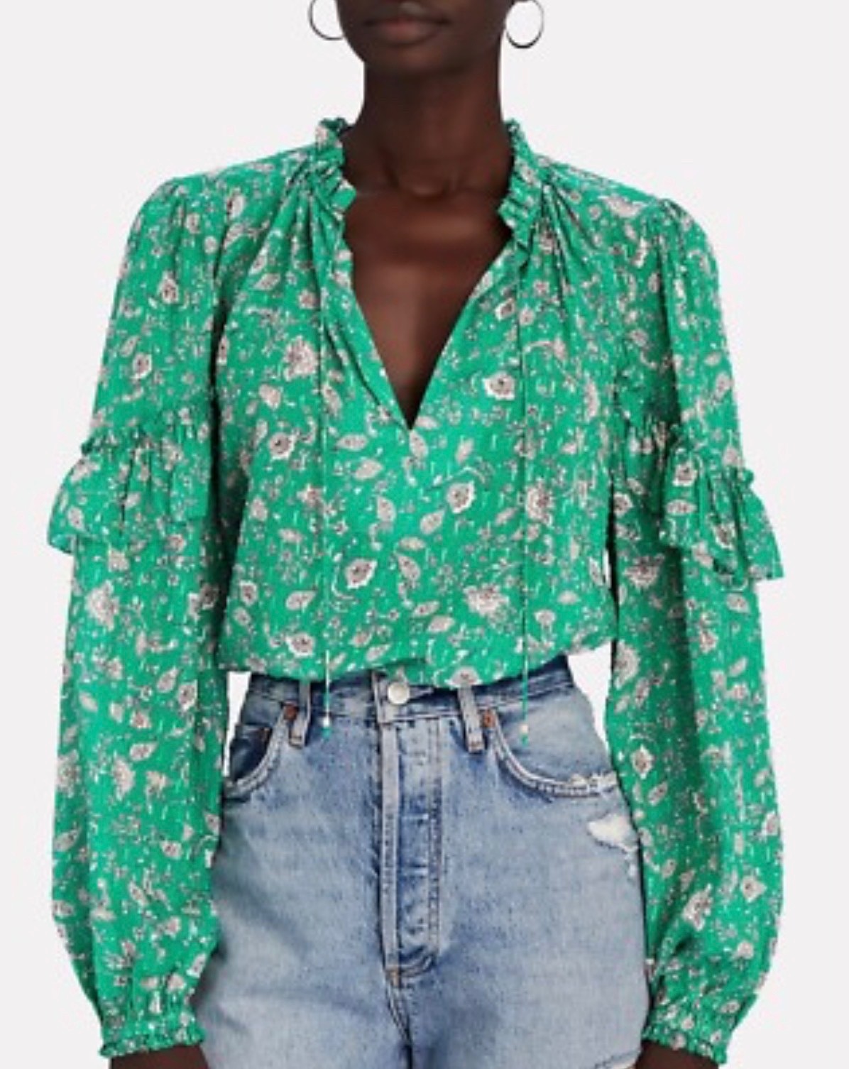 Intermix Marika Ruffled Fil Coupé blouse in green with a floral print. Sz MedIum