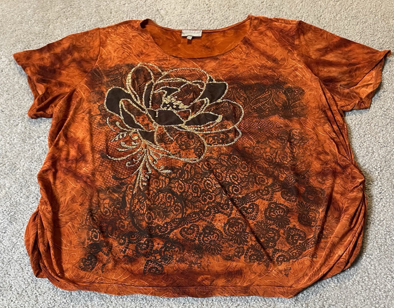 90s Essentials Floral Blouse 3X Rustic Brown Beads Side Ruched Boho Cottagecore