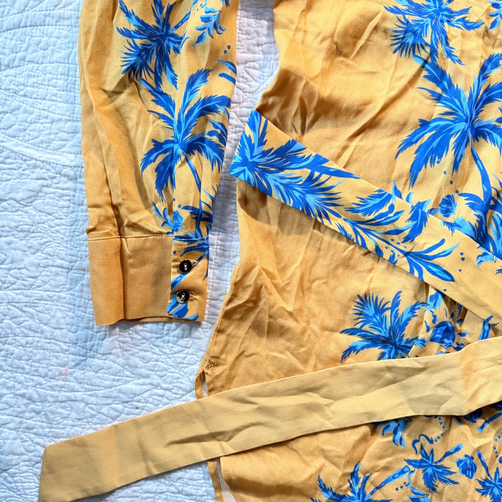 $198 NWT Aquari Yellow Blue Palm Tree Robe Wrap Dress Size S Boho Resort Wear
