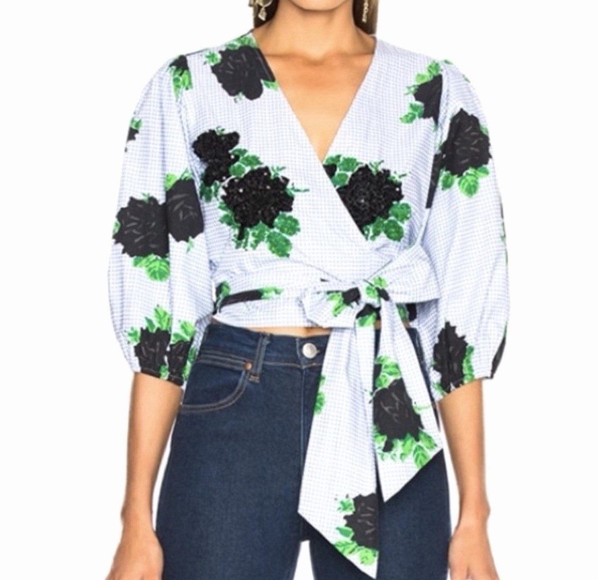 GANNI EU 40 US 8 Blue Gingham Floral Sequin Wrap Blouse Balloon Sleeve