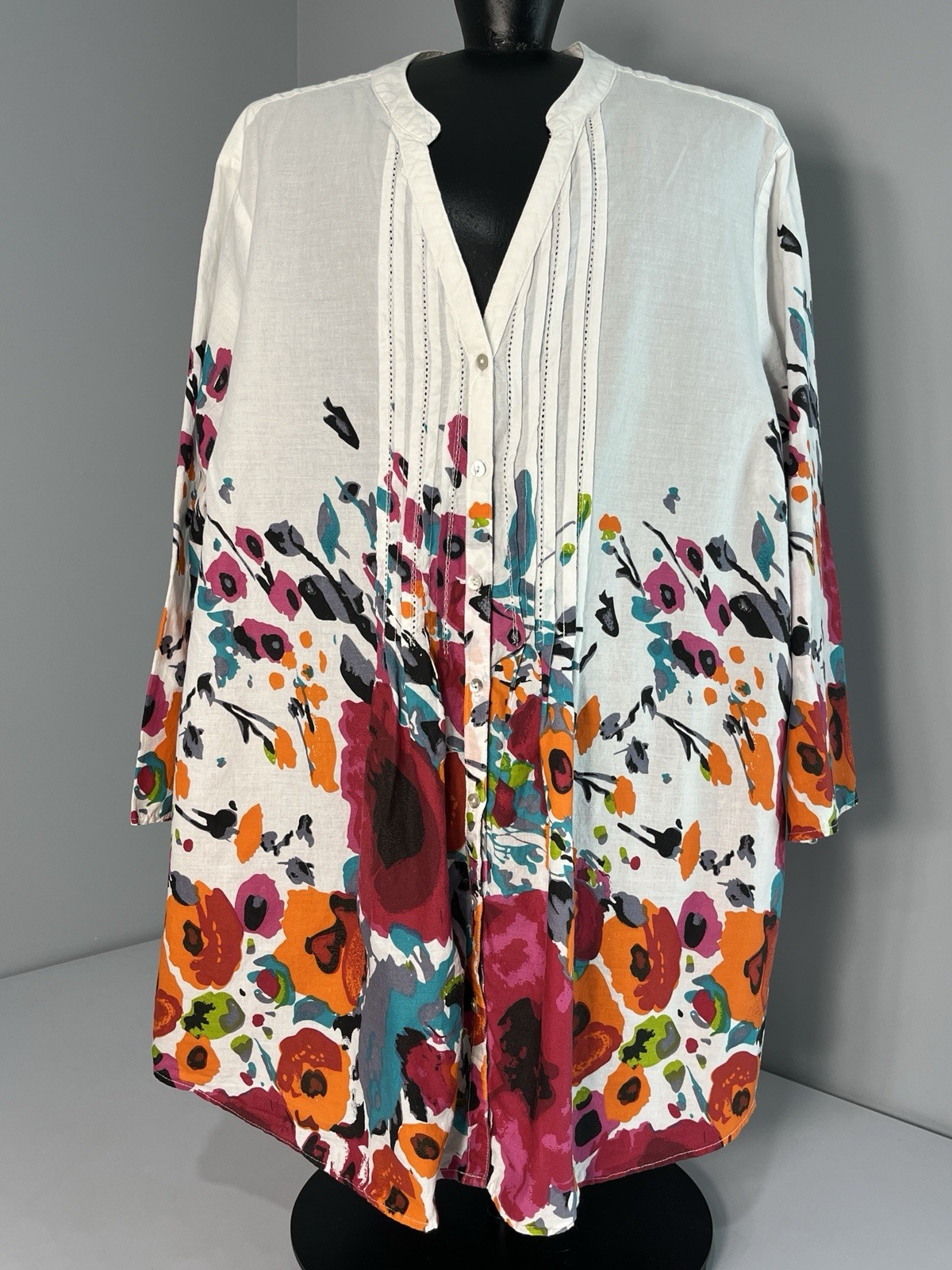 Collections Etc Womens White Abstract Floral Pintuck Tunic XXL 100% Cotton Boho