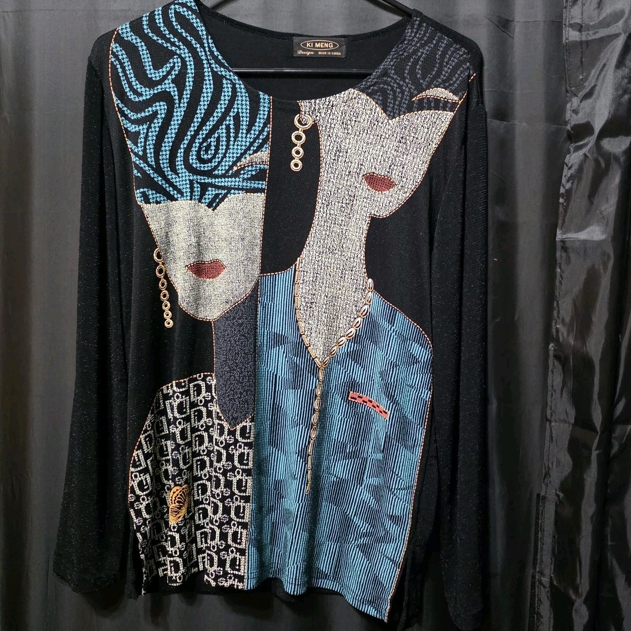KI MENG Korea Black Glitter Blouse 80s style Abstract Art Face Design L/XL