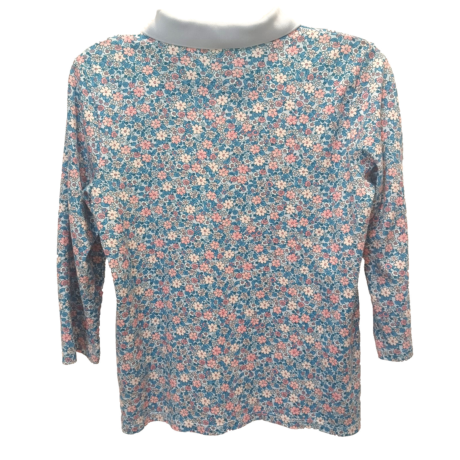 Lands’ End Womens Mp 10-12 Cotton Blue Pink White Floral 3/4 Sleeve Collared Top