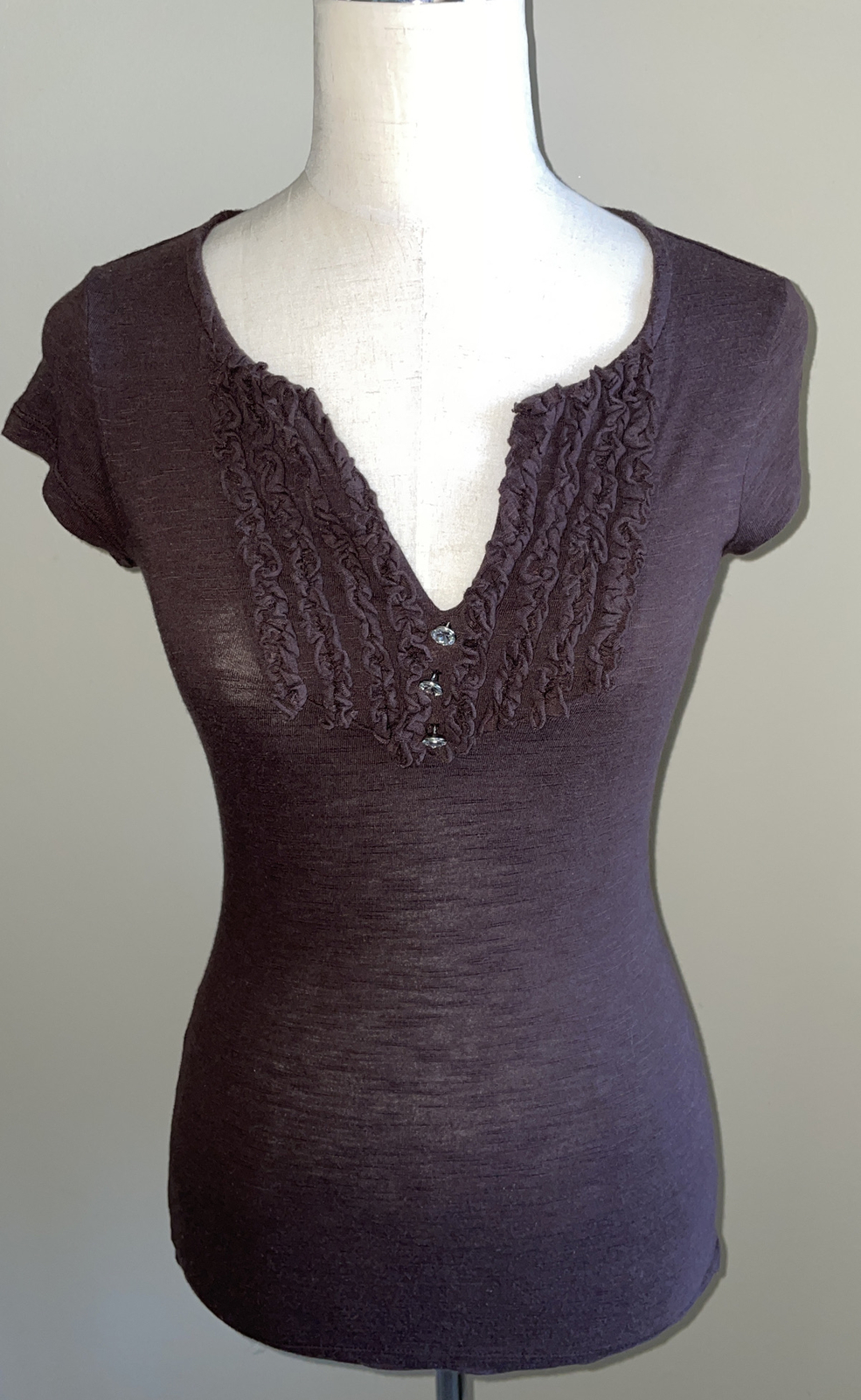 I.N.C. Womens Cap Sleeve Top Sz XS Brown Ruffle Trim Rayon Cotton