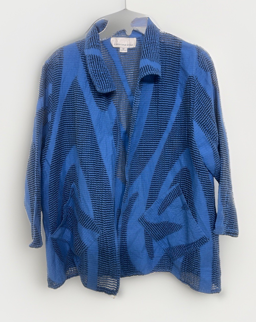 Women’s Caroline Rose Sheer Striped Textured Open Front Topper Artsy Size M Blue