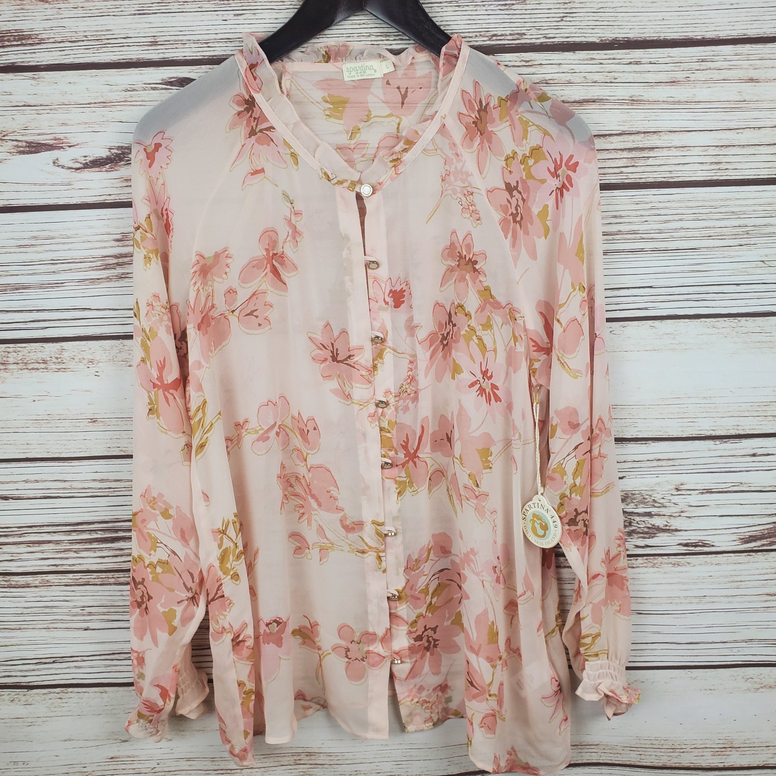NWT Spartina 449 Womens Large 100% Silk Floral Sleer Button Down Blouse Top