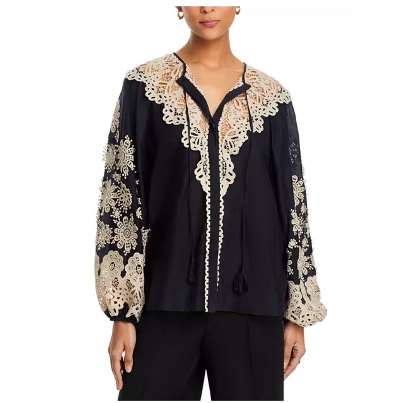 Kobi Halperin Norma Cotton Slik Blouse Lacey Eyelet Details Black Cream Small