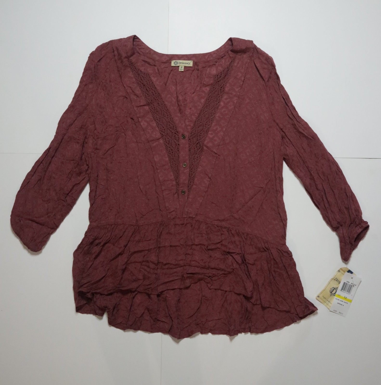 Democracy Dark Mauve Low 3/4 Sleeve Tunic Blouse Medium