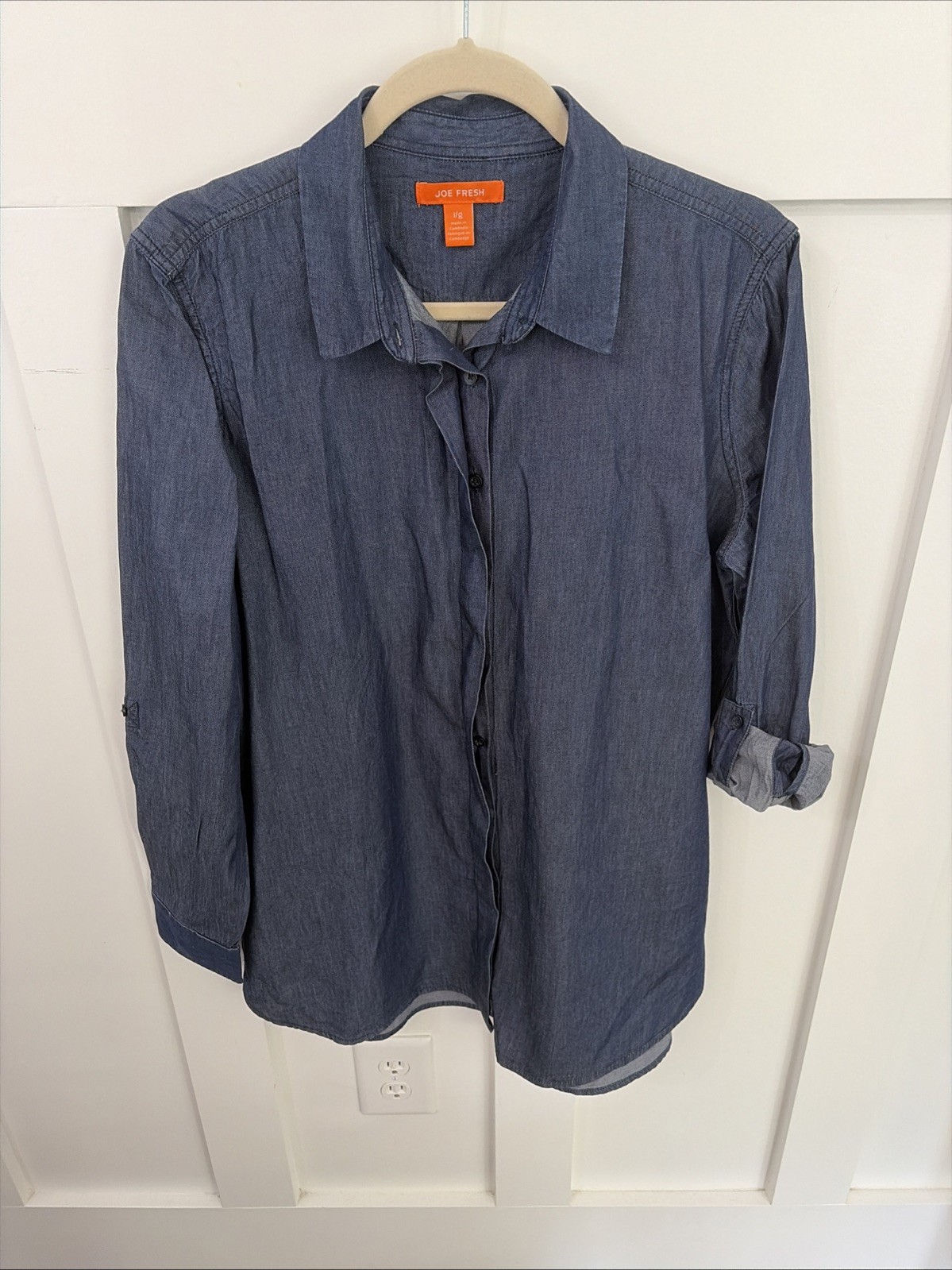 Joe Fresh Women’s Dark Chambray Shirt-Large-Roll Tab Sleeve