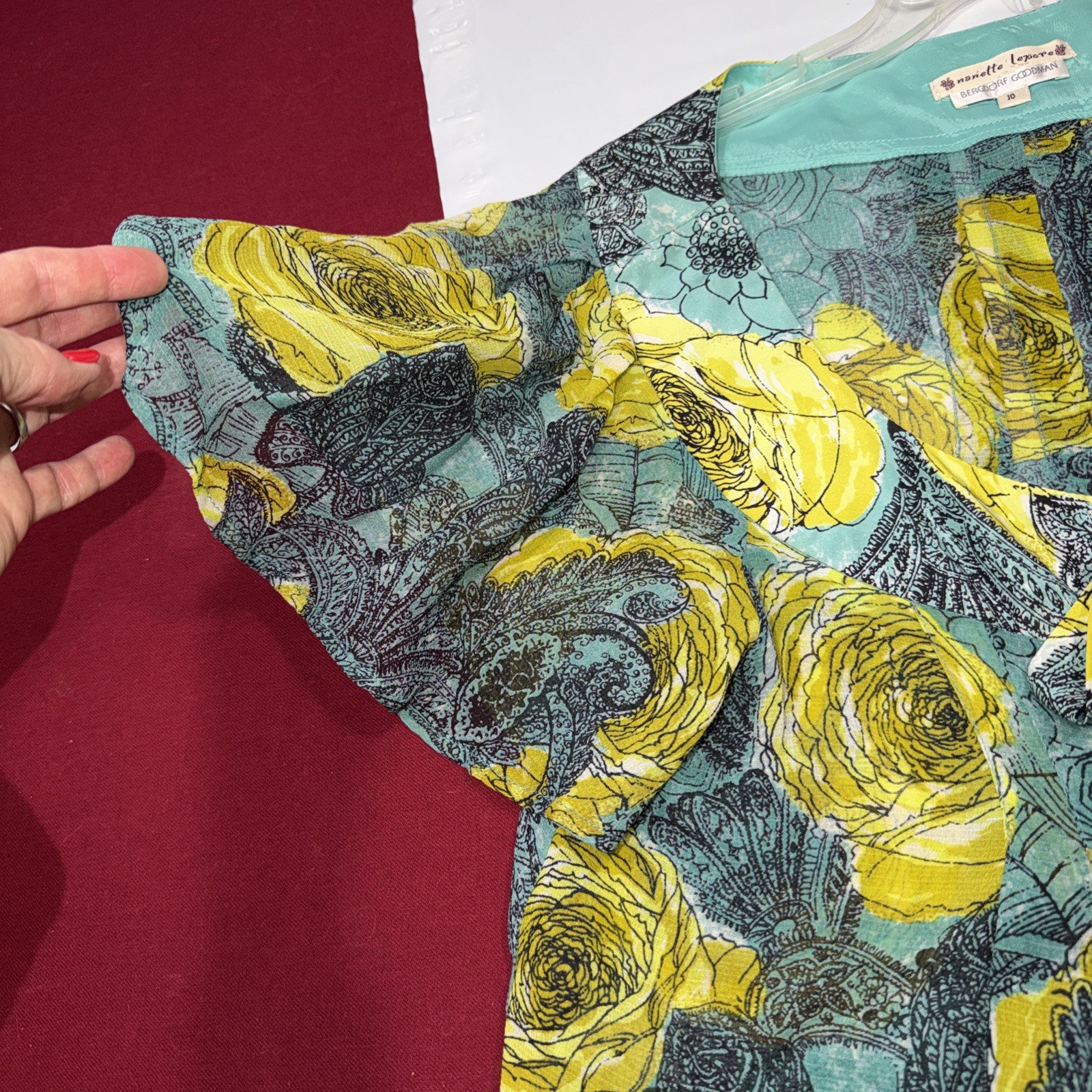 Nanette Lepore SILK Roses Blouse Flutter Sleeve Buttons Bow Lime Aqua SIZE 10 Lg