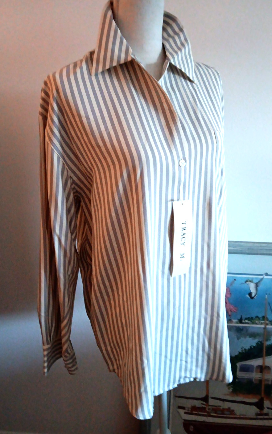 Vintage Tracy M NWT 100% Silk Blouse Shirt Grey & White Striped Button Up Size M