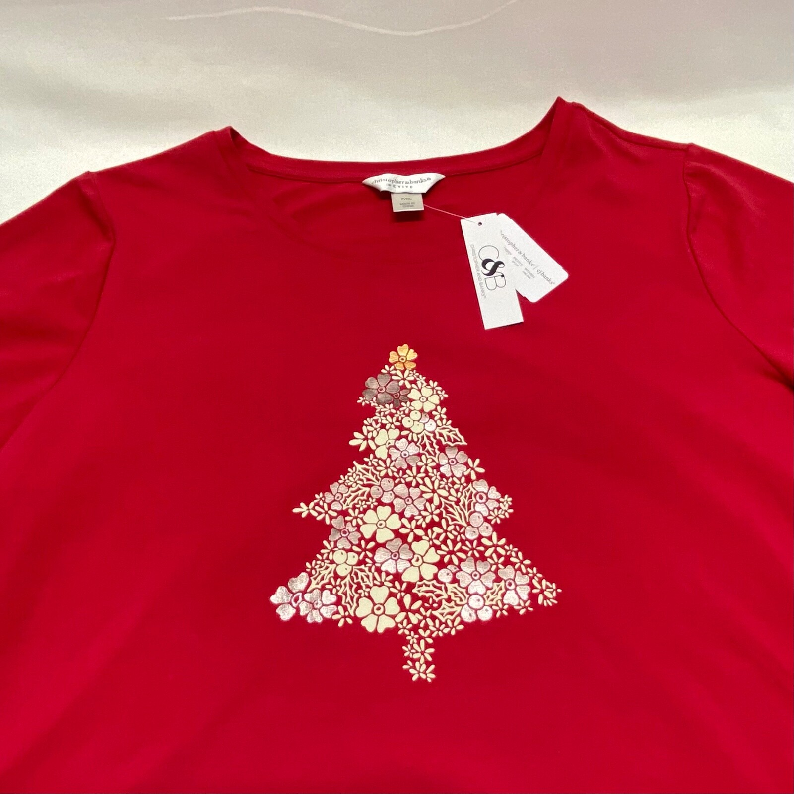 Christoper & Banks Petite Women’s P/XL Red Floral Tree Holiday Long Sleeve NWT