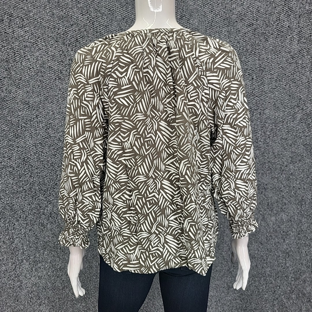 Candace Cameron Bure Smocked Cuff Split Neck Printed Blouse Small Size Top