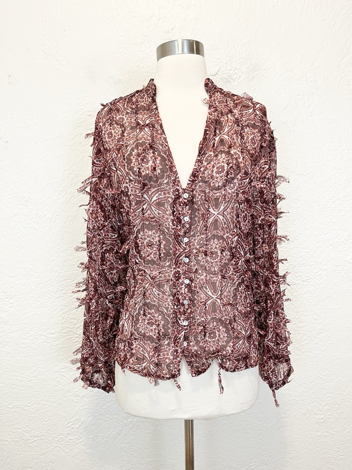 Zara Blouse Top Burgundy Red Textured Fringe Boho Small S