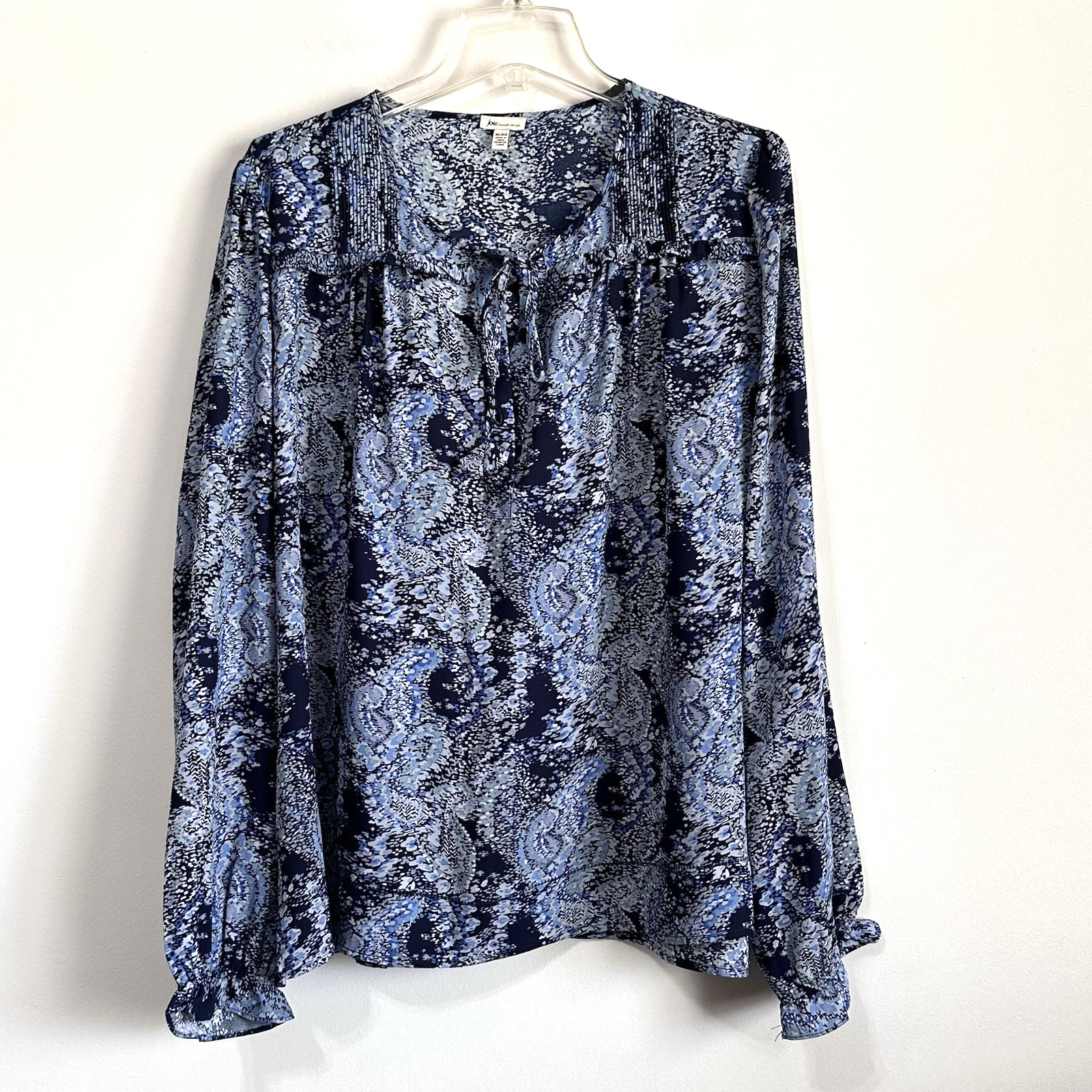 Joie Parisian Paisley Peasant Top Shirt XL Blue Tie Neck Long Sleeve Lightweight