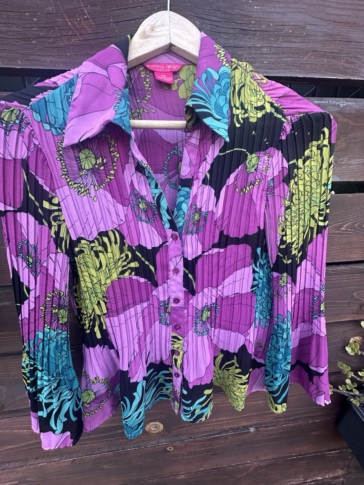 Sunny Leigh Blouse Crinkled Chiffon Collared Button Up Top Artsy *Size M Petite