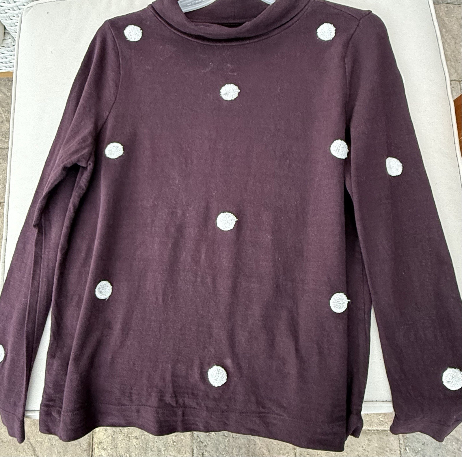 LOFT Knit burgundy White Long Sleeve Mock Neck white Polka Dot Blouse L