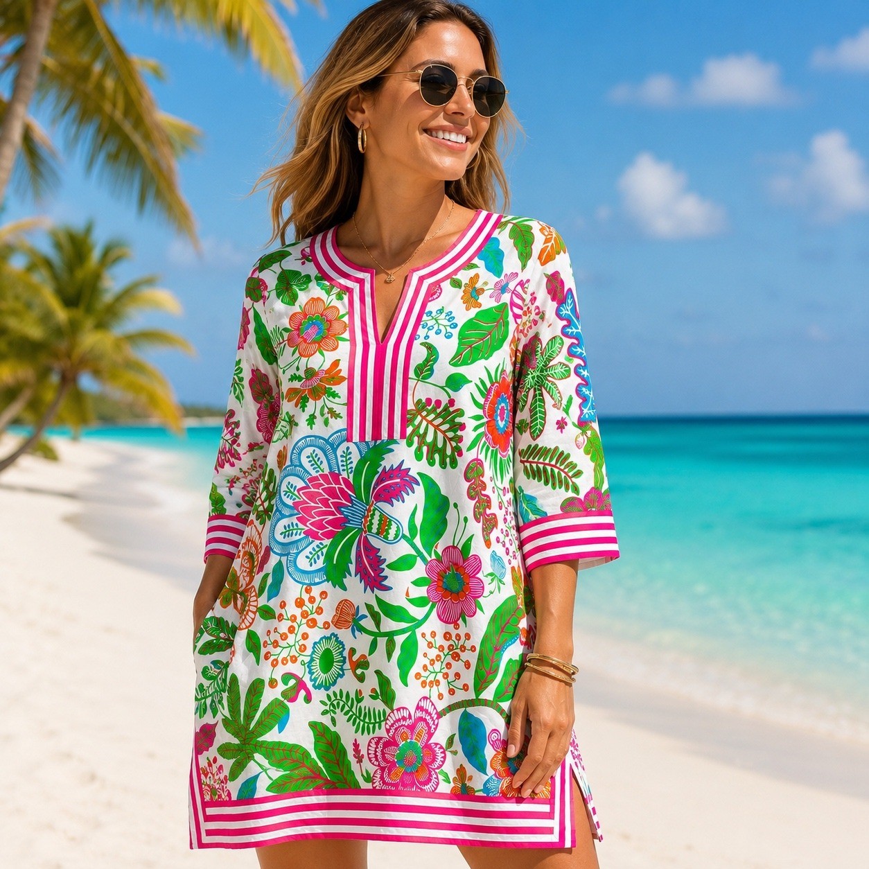 Gretchen Scott Womens Floral Tunic Top Pink Striped Trim Tropical Size M
