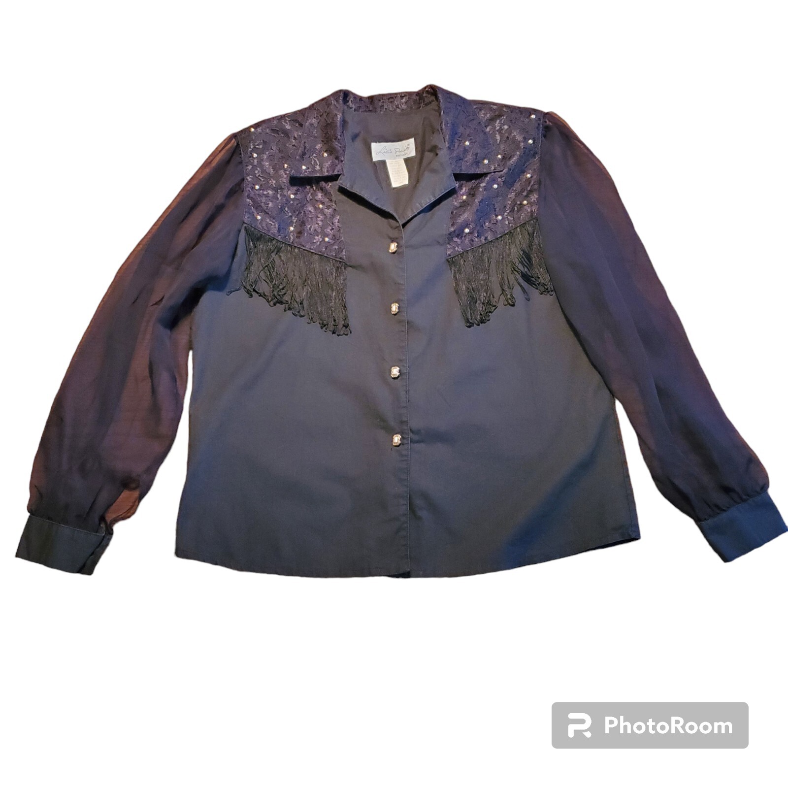 Vtg Lilia Smitty Western Cowgirl Button Shirt Large Fringe Lace Studs Black