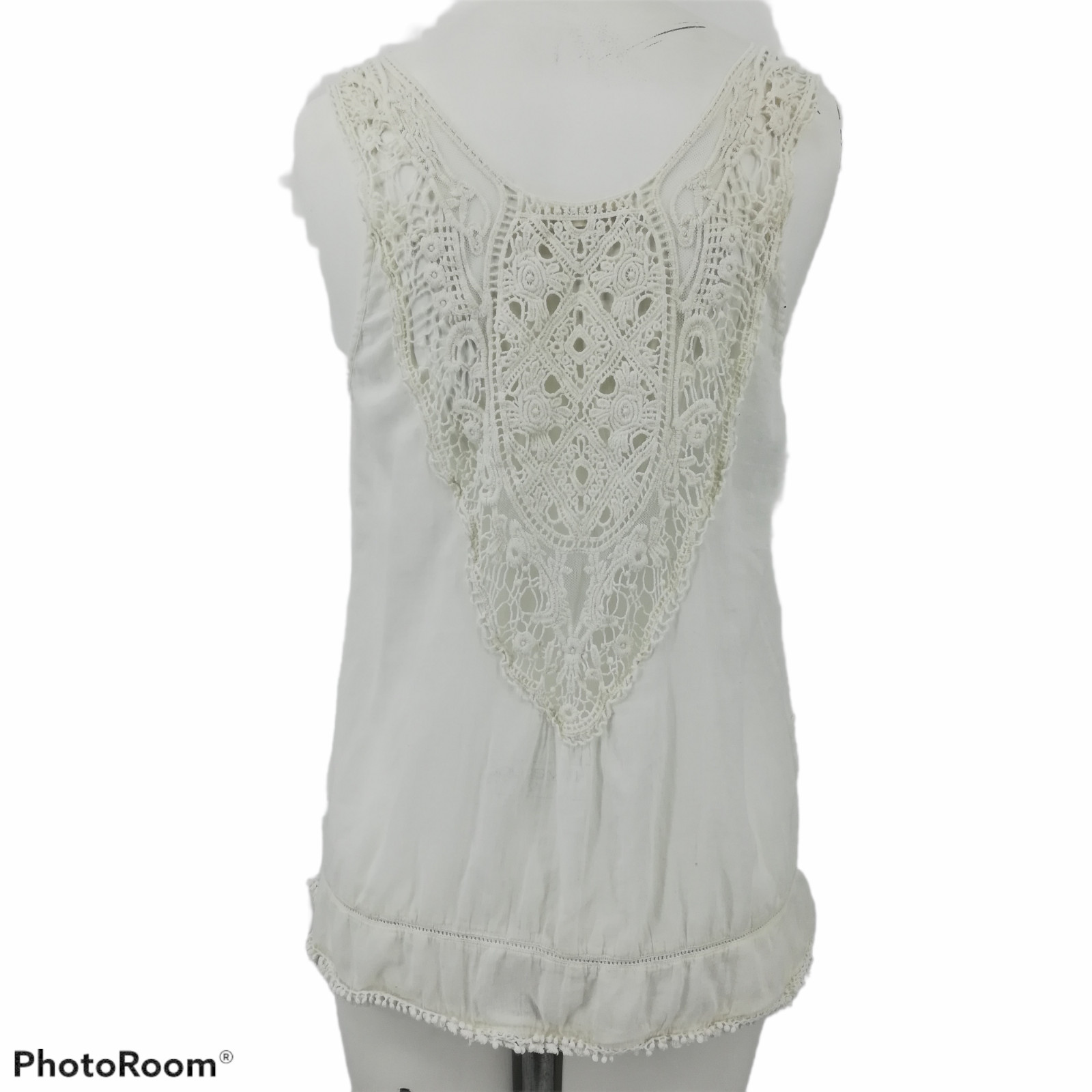 Hippie Laundry Sheer Tank Top Size M Crochet Straps Decorative Back Poms Boho
