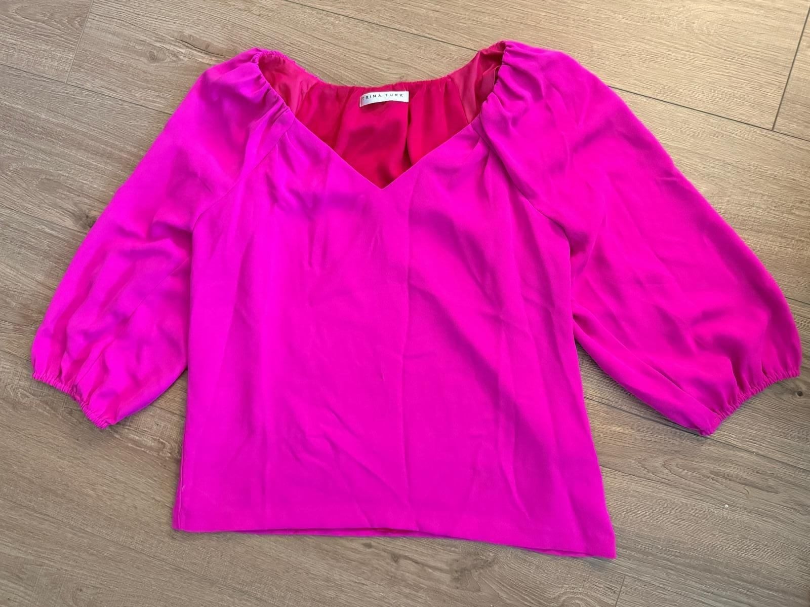 Trina Turk Fuchsia Pink V-Neck Puff Sleeve Blouse