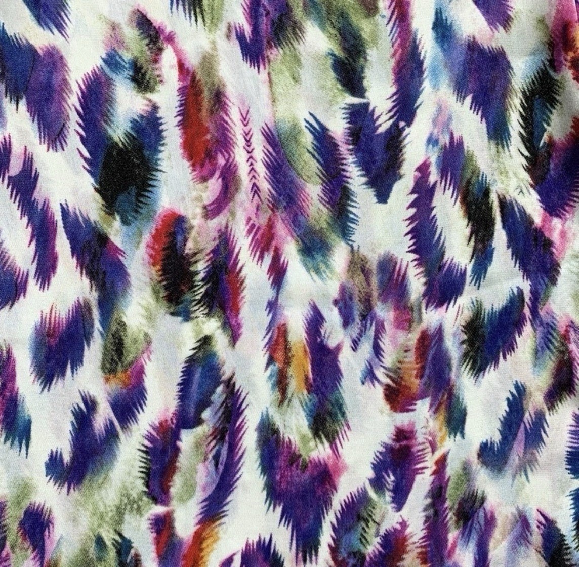 CAbi Cap Sleeve Plume Feather Blouse Size Small Purple Blue Green V Neck Top