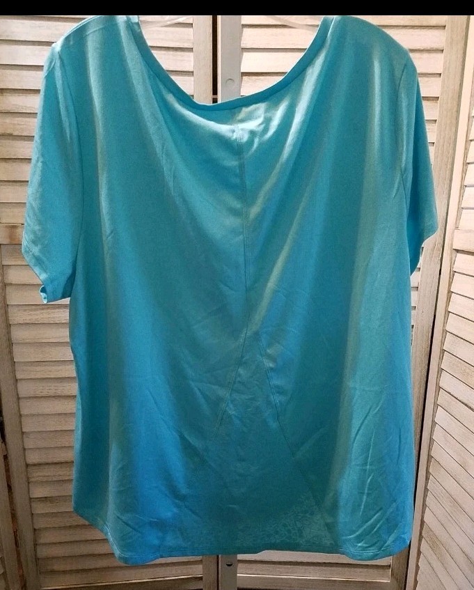Simply Emma Womens Blouse Plus Size 1X Blue Scoop Neck Short Sleeve Stretch Knit