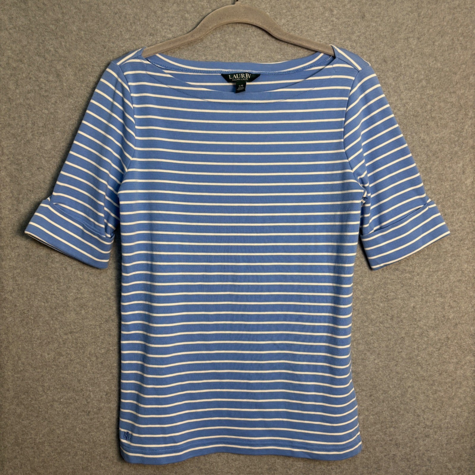 Lauren Ralph Lauren Women’s Striped Boat Neck Top Large Cotton Stretch Blue