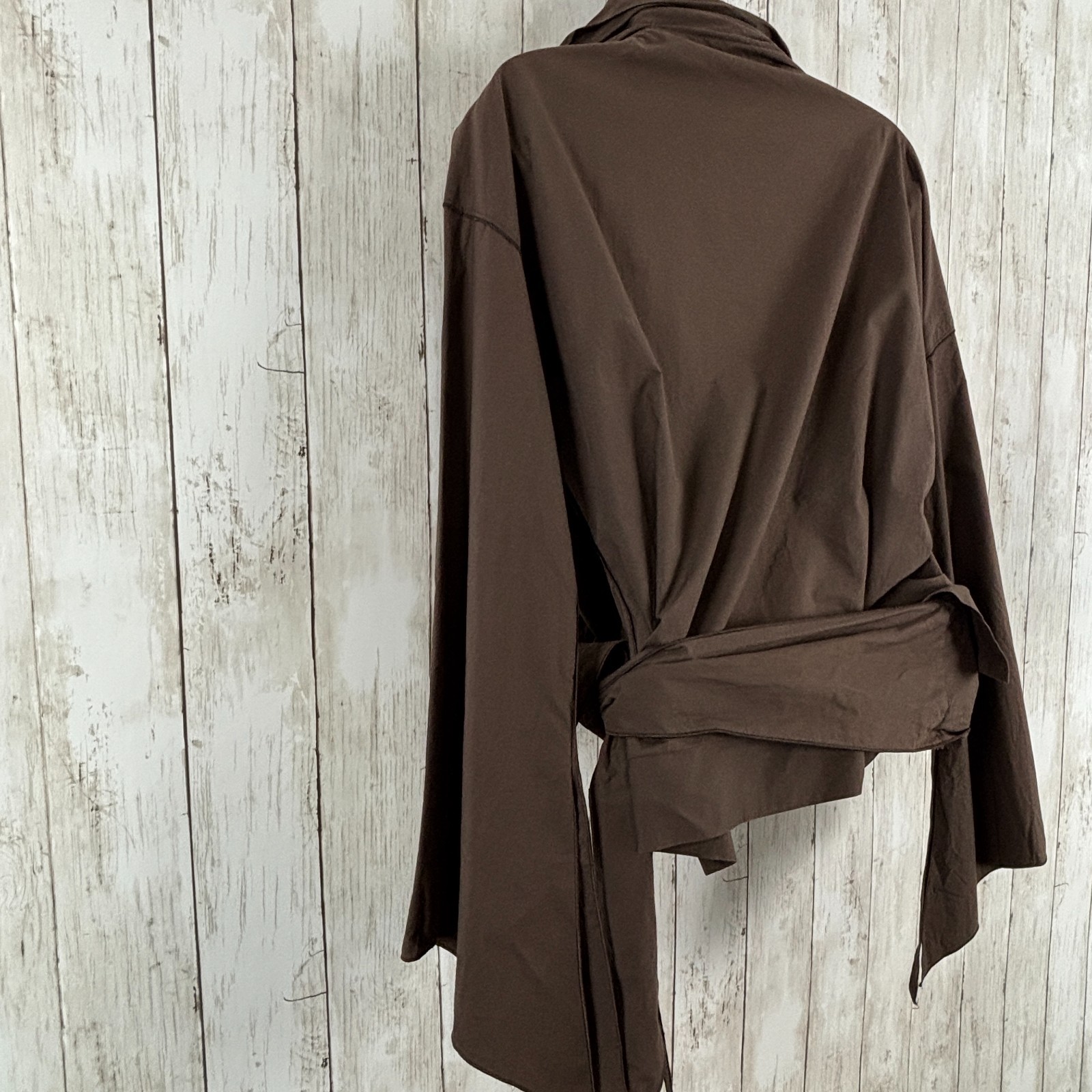 ANNETTE GORTZ Blouse Chocolate Brown Top Blouse V Neck Wrap Flare Sleeve 38/M
