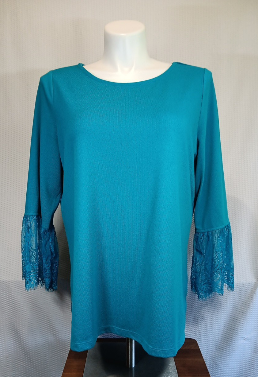 Belle by Kim Gravel Lace Trim Bell Sleeve Top Sz 1x A310242 Dark Turquoise Blue