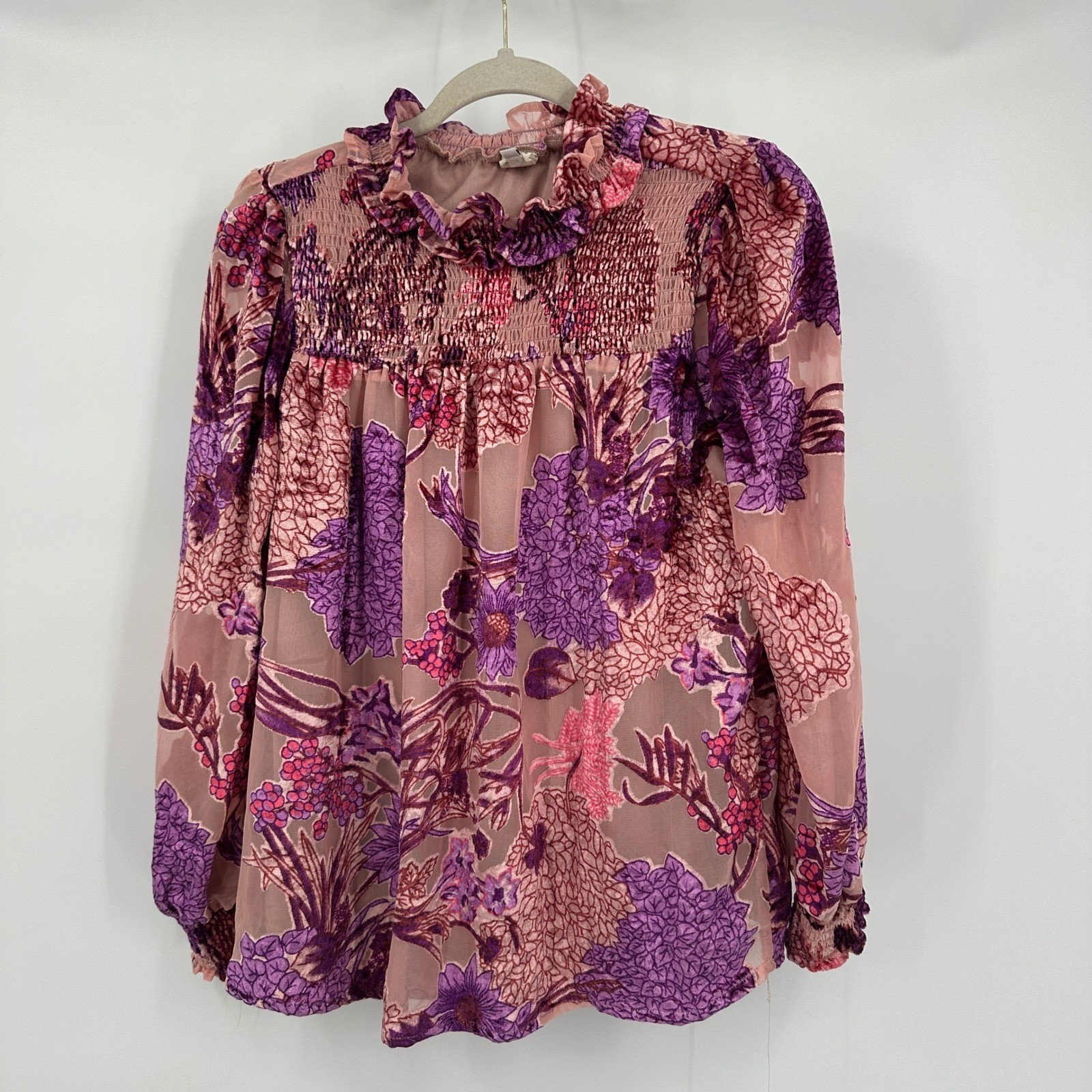 Womens Cottagecore Burn Out Velvet Top Size S Romantic Sheer Victorian Oversized