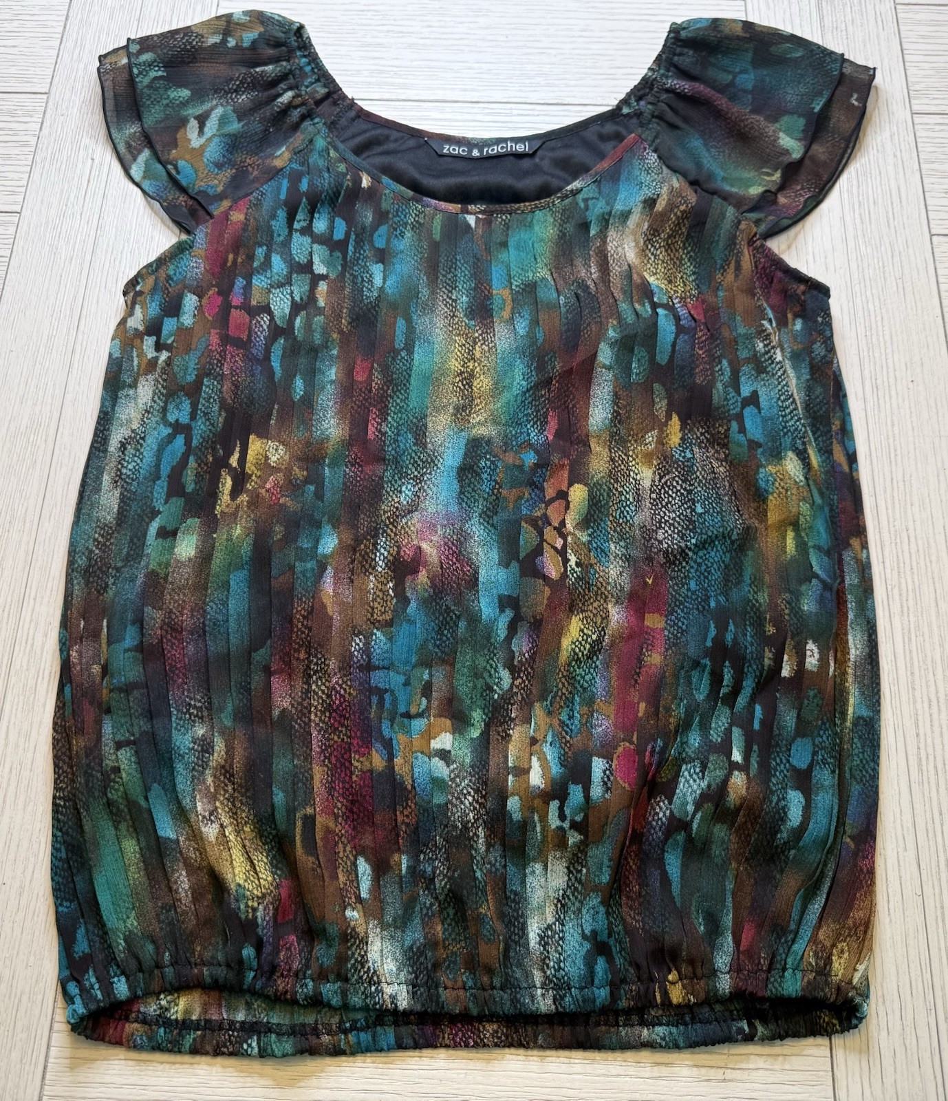 Zac & Rachel Short Sleeve Jewel Tone Abstract Print Blouse Elastic Waist S Y2K