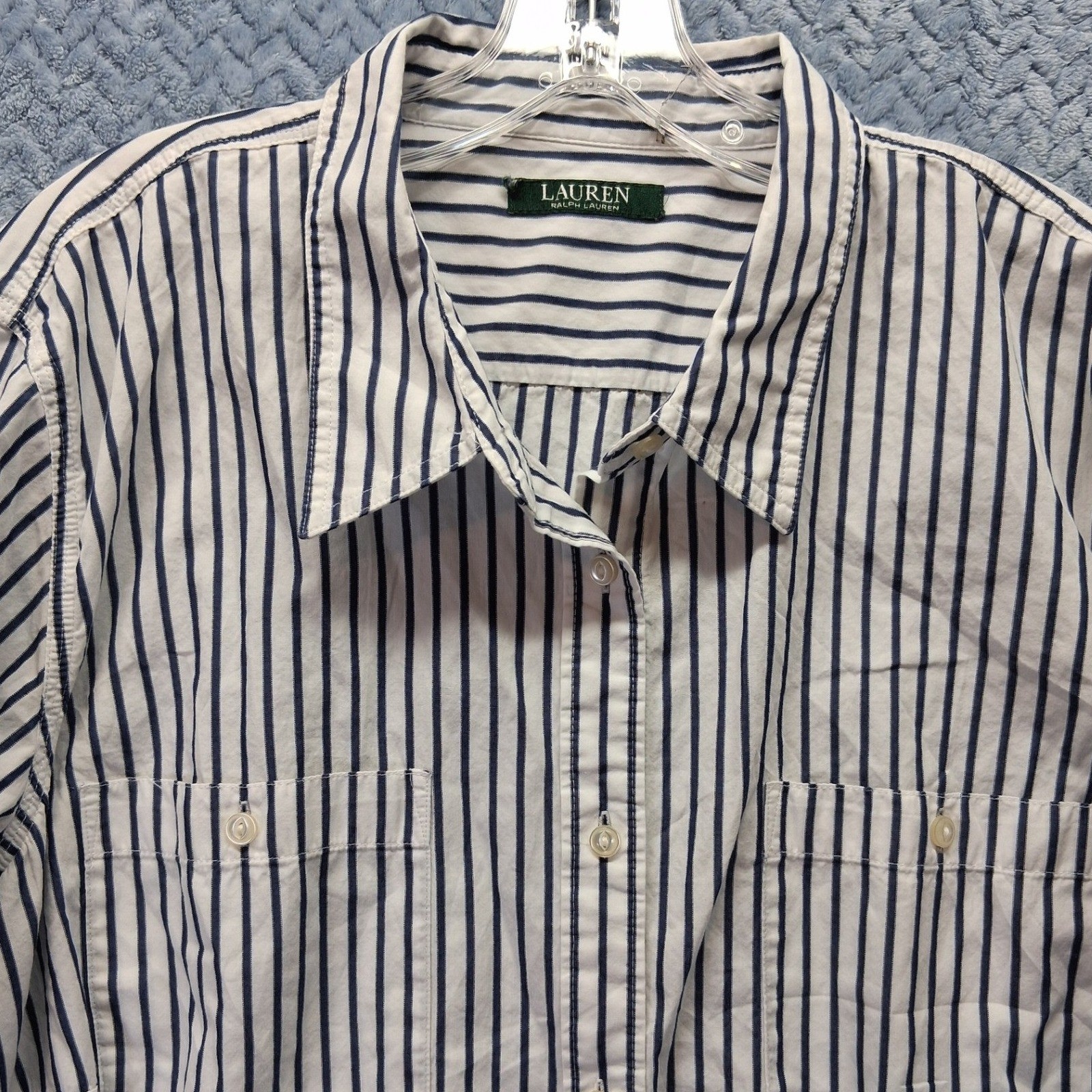 Lauren Ralph Lauren Striped Button Down Shirt Navy White Roll Tab Cotton XL