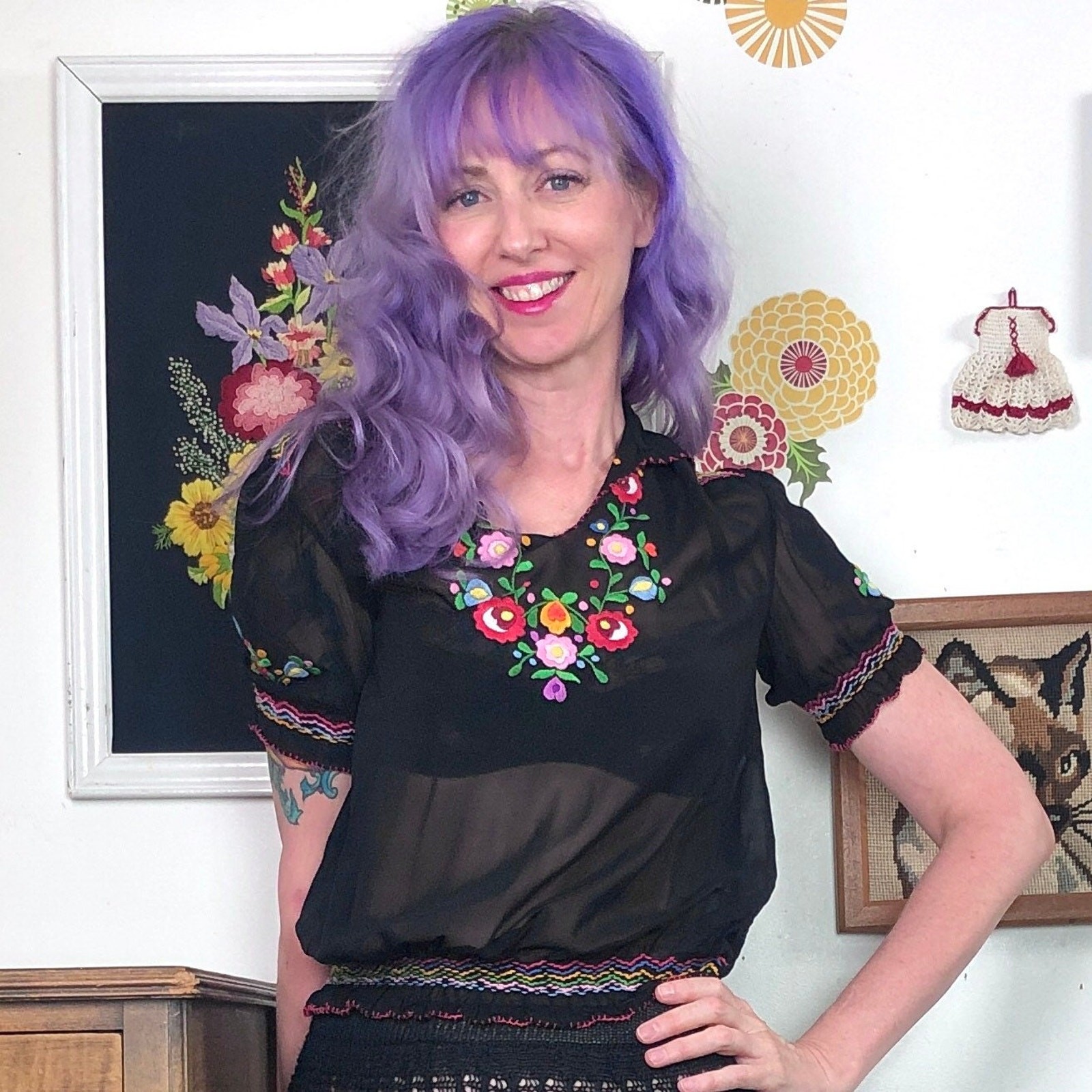 Vintage Embroidered Peasant Blouse, 1970s Sheer Black Rayon Georgette Top, XS-S
