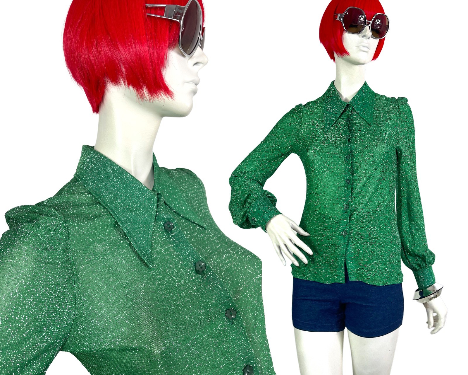 1970s vintage green lurex Go Go Disco shirt / blouse / glam rock / 60s Mod Deco