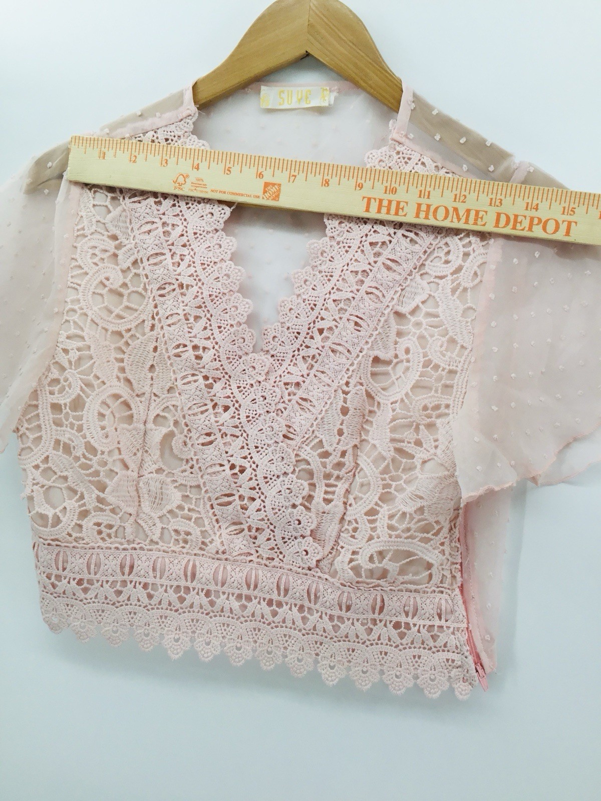 Suye Pink Crochet Lace Crop Top Sheer Sz S Flutter Sleeve Boho Festival JJ33